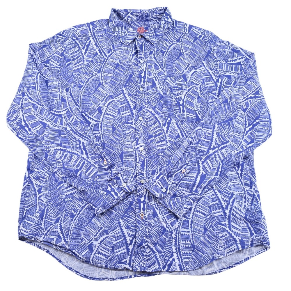 J.McLaughlin 100% Linen Women's XXL Blue White Geometric Leaf All Over Print